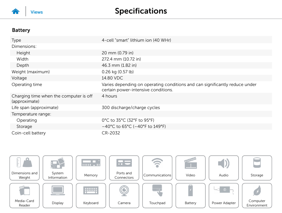 Battery, Specifications | Dell Inspiron 15 (3541, Mid 2014) User Manual | Page 20 / 22