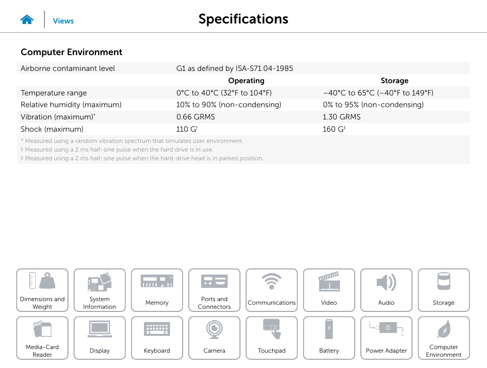 Computer, Environment, Specifications | Computer environment | Dell Inspiron 15 (3541, Mid 2014) User Manual | Page 22 / 22