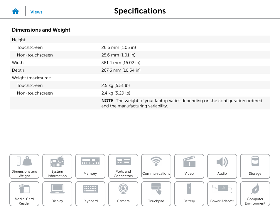 Specifications, Dimensions and weight | Dell Inspiron 15 (3541, Mid 2014) User Manual | Page 7 / 22