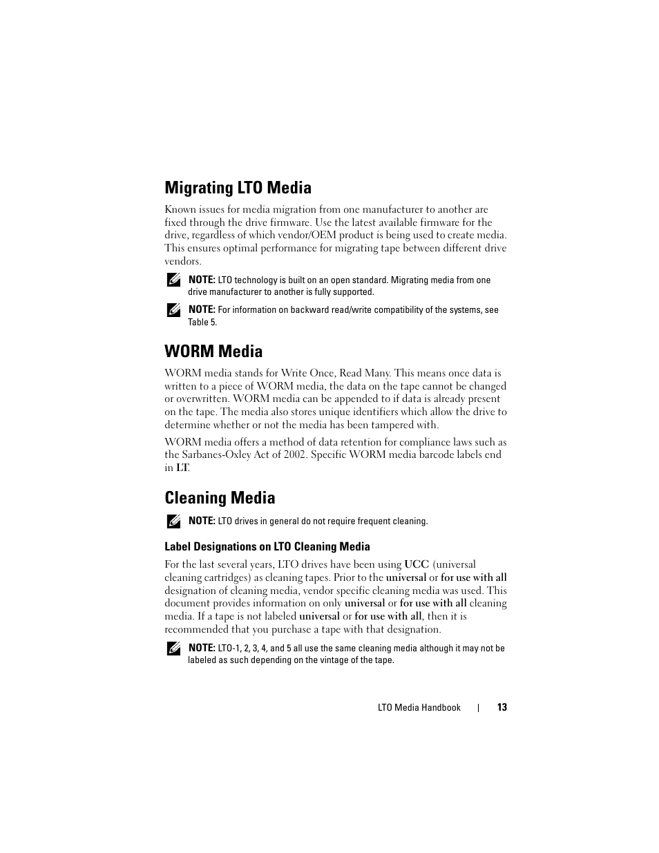 Migrating lto media, Worm media, Cleaning media | Label designations on lto cleaning media, Label designations on lto cleaning, Media | Dell PowerVault 124T User Manual | Page 13 / 28