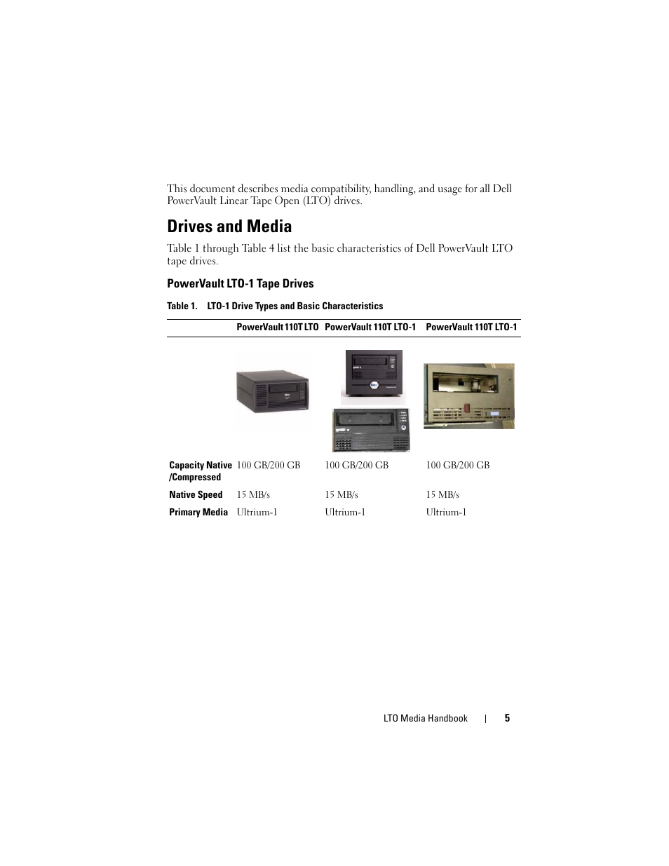 Drives and media, Powervault lto-1 tape drives | Dell PowerVault 124T User Manual | Page 5 / 28