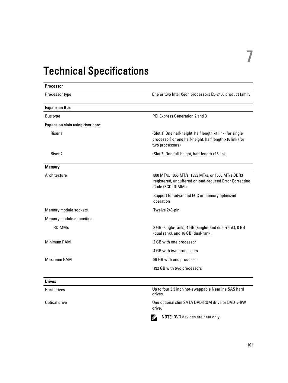 Technical specifications, 7 technical specifications | Dell PowerVault DX6104 User Manual | Page 101 / 123