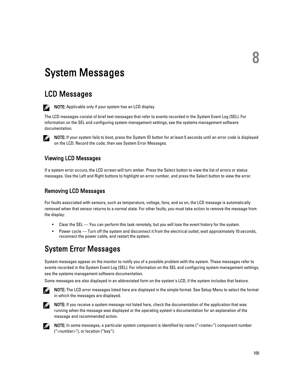 System messages, Lcd messages, Viewing lcd messages | Removing lcd messages, System error messages, 8 system messages | Dell PowerVault DX6104 User Manual | Page 105 / 123