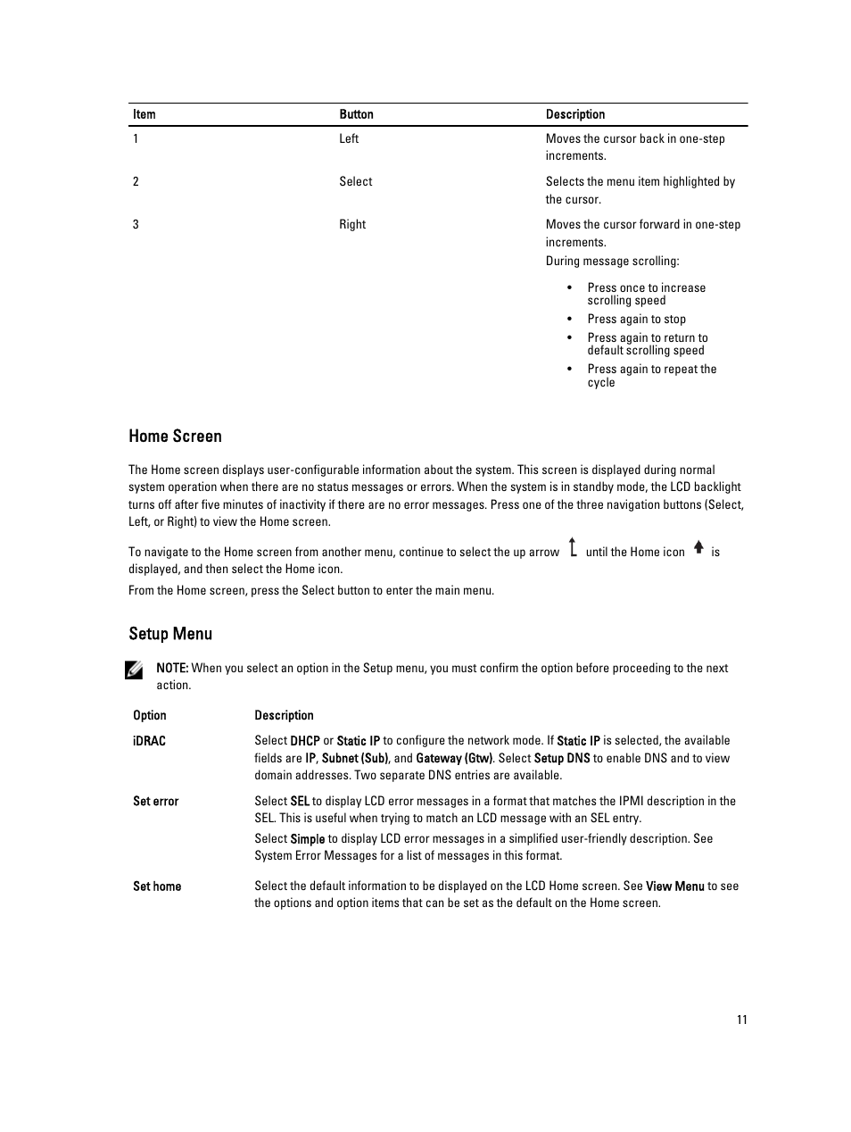 Home screen, Setup menu | Dell PowerVault DX6104 User Manual | Page 11 / 123