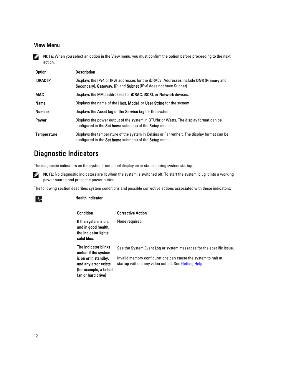 View menu, Diagnostic indicators | Dell PowerVault DX6104 User Manual | Page 12 / 123