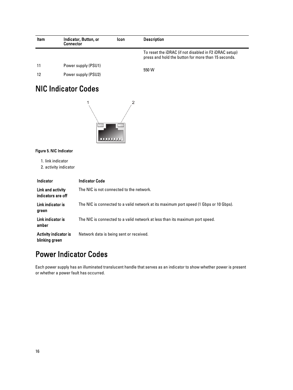 Nic indicator codes, Power indicator codes | Dell PowerVault DX6104 User Manual | Page 16 / 123