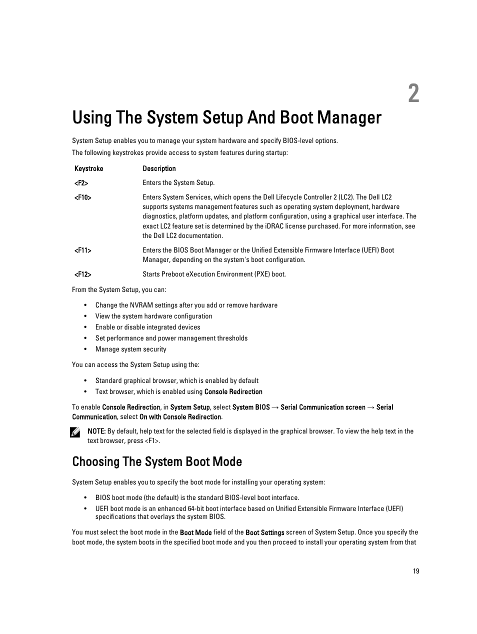 Using the system setup and boot manager, Choosing the system boot mode, 2 using the system setup and boot manager | Dell PowerVault DX6104 User Manual | Page 19 / 123