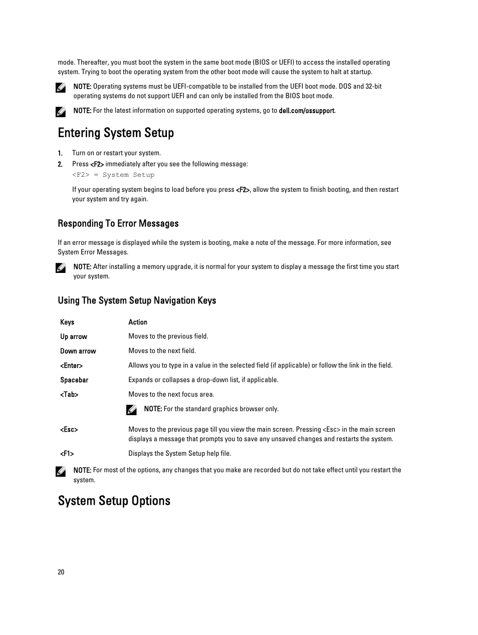 Entering system setup, Responding to error messages, Using the system setup navigation keys | System setup options | Dell PowerVault DX6104 User Manual | Page 20 / 123