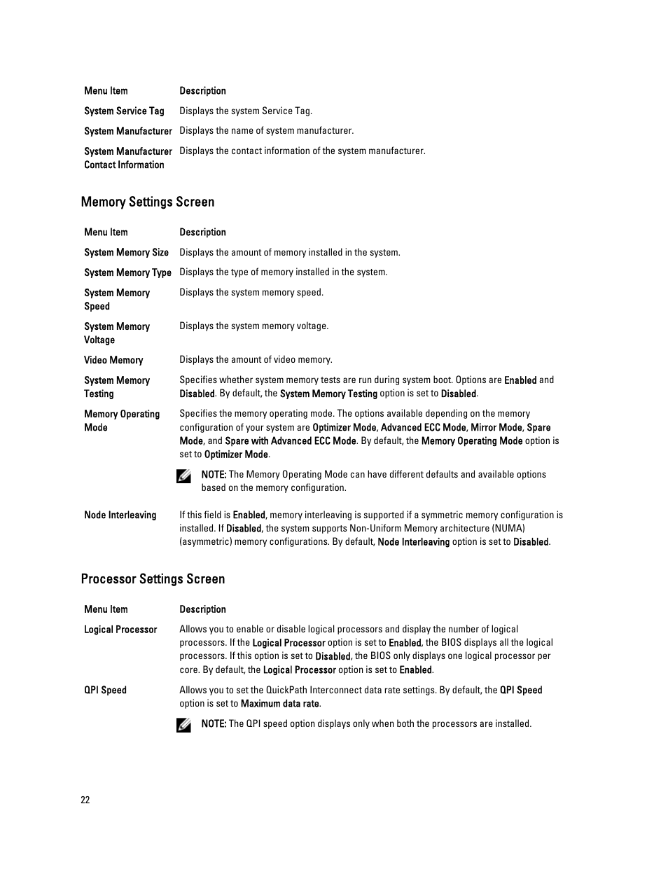 Memory settings screen, Processor settings screen | Dell PowerVault DX6104 User Manual | Page 22 / 123