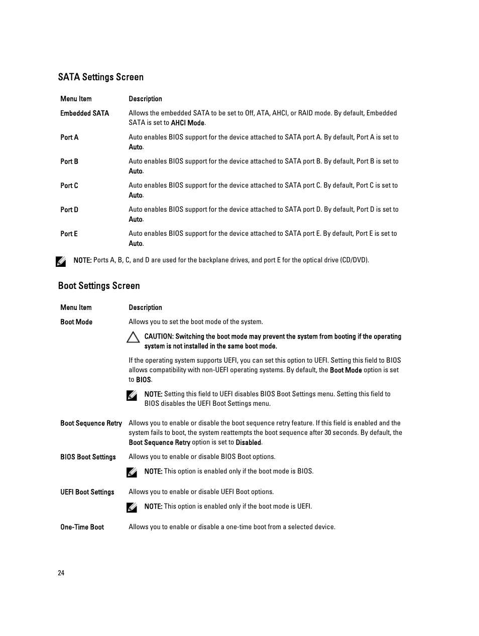 Sata settings screen, Boot settings screen | Dell PowerVault DX6104 User Manual | Page 24 / 123
