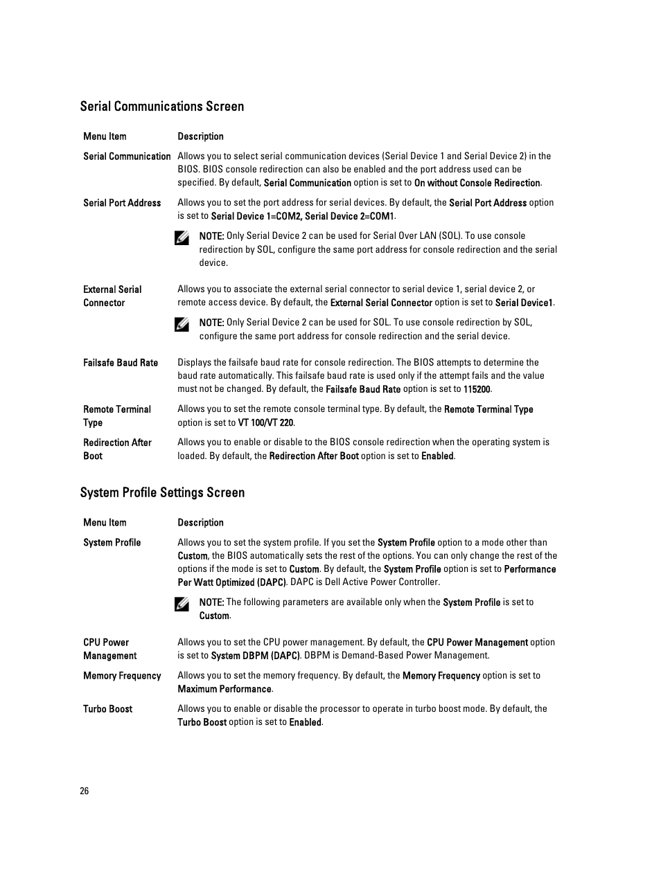 Serial communications screen, System profile settings screen | Dell PowerVault DX6104 User Manual | Page 26 / 123