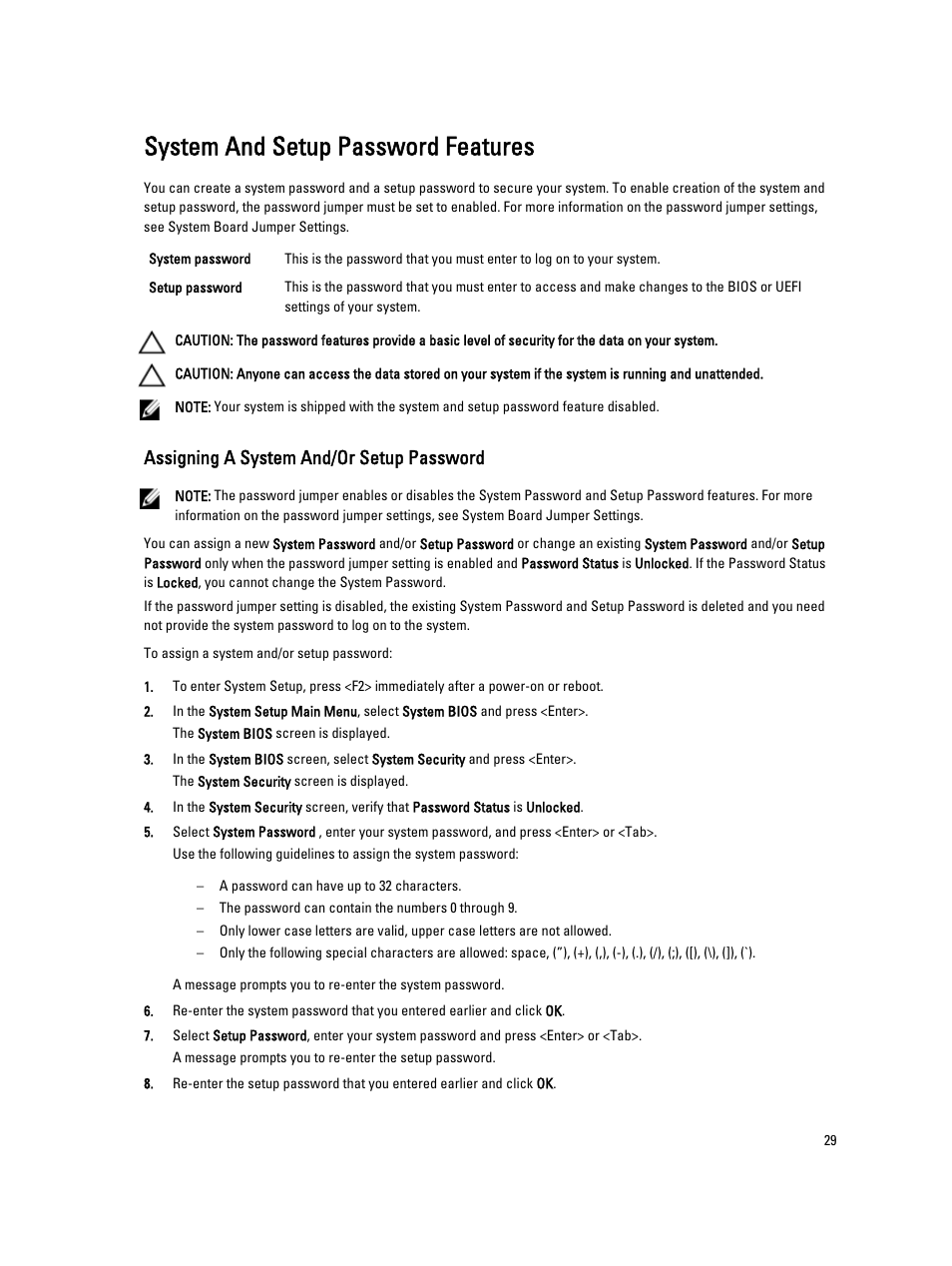 System and setup password features, Assigning a system and/or setup password | Dell PowerVault DX6104 User Manual | Page 29 / 123