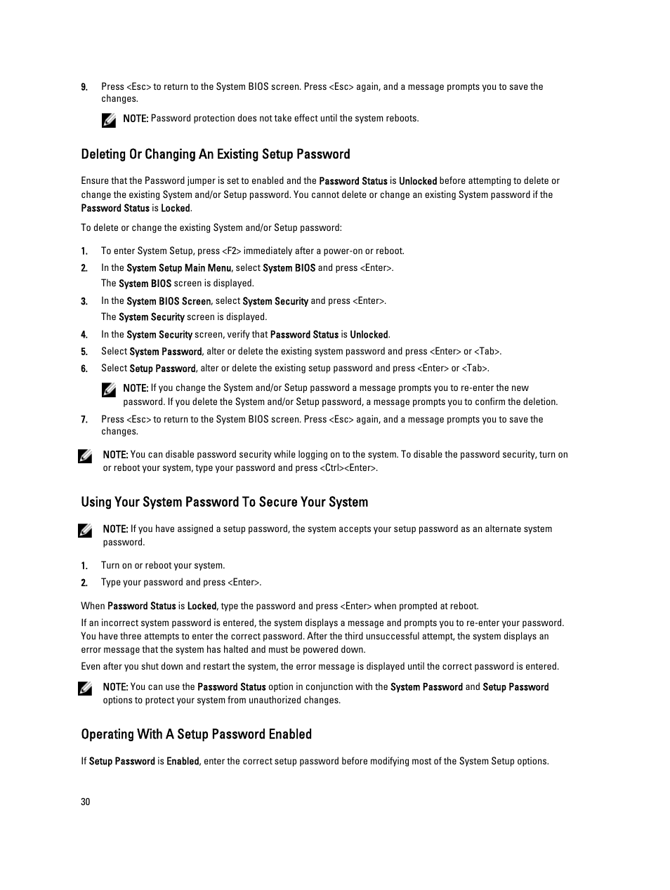 Deleting or changing an existing setup password, Using your system password to secure your system, Operating with a setup password enabled | Dell PowerVault DX6104 User Manual | Page 30 / 123