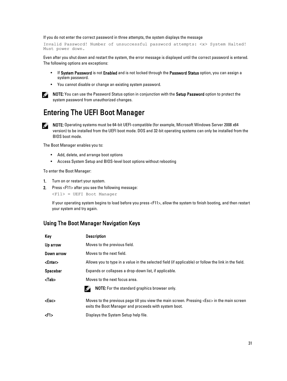 Entering the uefi boot manager, Using the boot manager navigation keys | Dell PowerVault DX6104 User Manual | Page 31 / 123