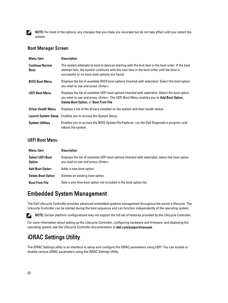 Boot manager screen, Uefi boot menu, Embedded system management | Idrac settings utility | Dell PowerVault DX6104 User Manual | Page 32 / 123