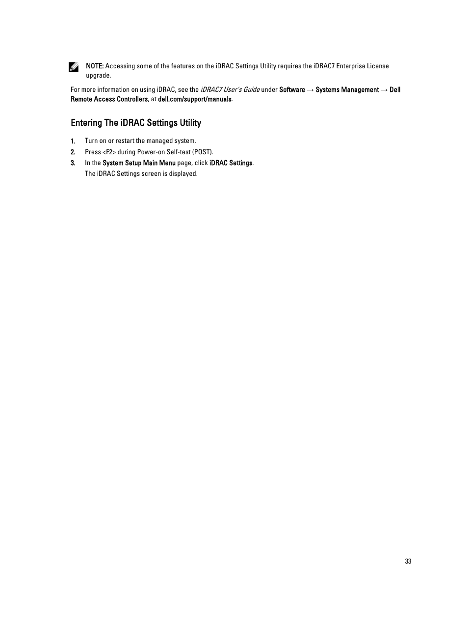 Entering the idrac settings utility | Dell PowerVault DX6104 User Manual | Page 33 / 123