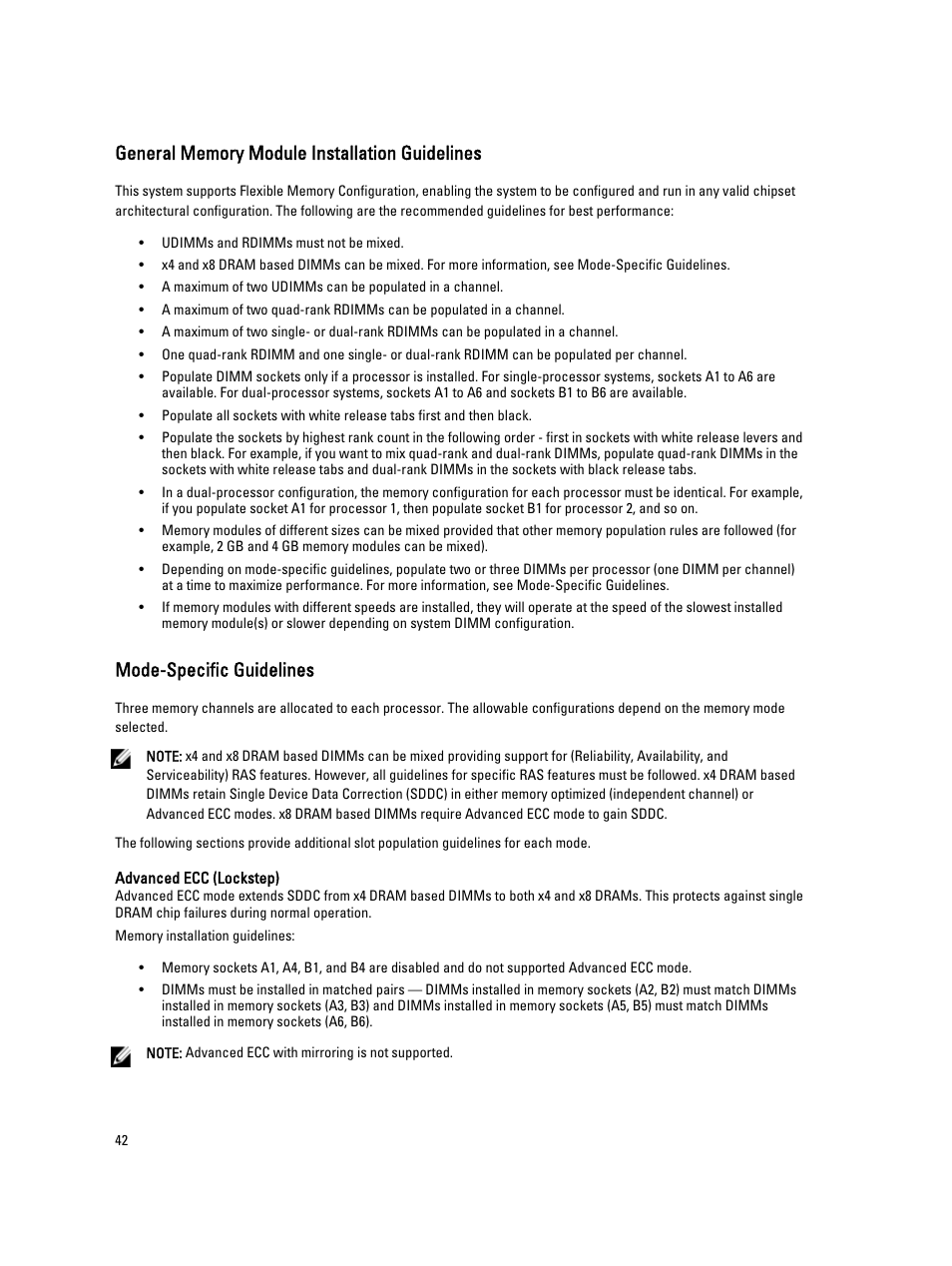 General memory module installation guidelines, Mode-specific guidelines | Dell PowerVault DX6104 User Manual | Page 42 / 123