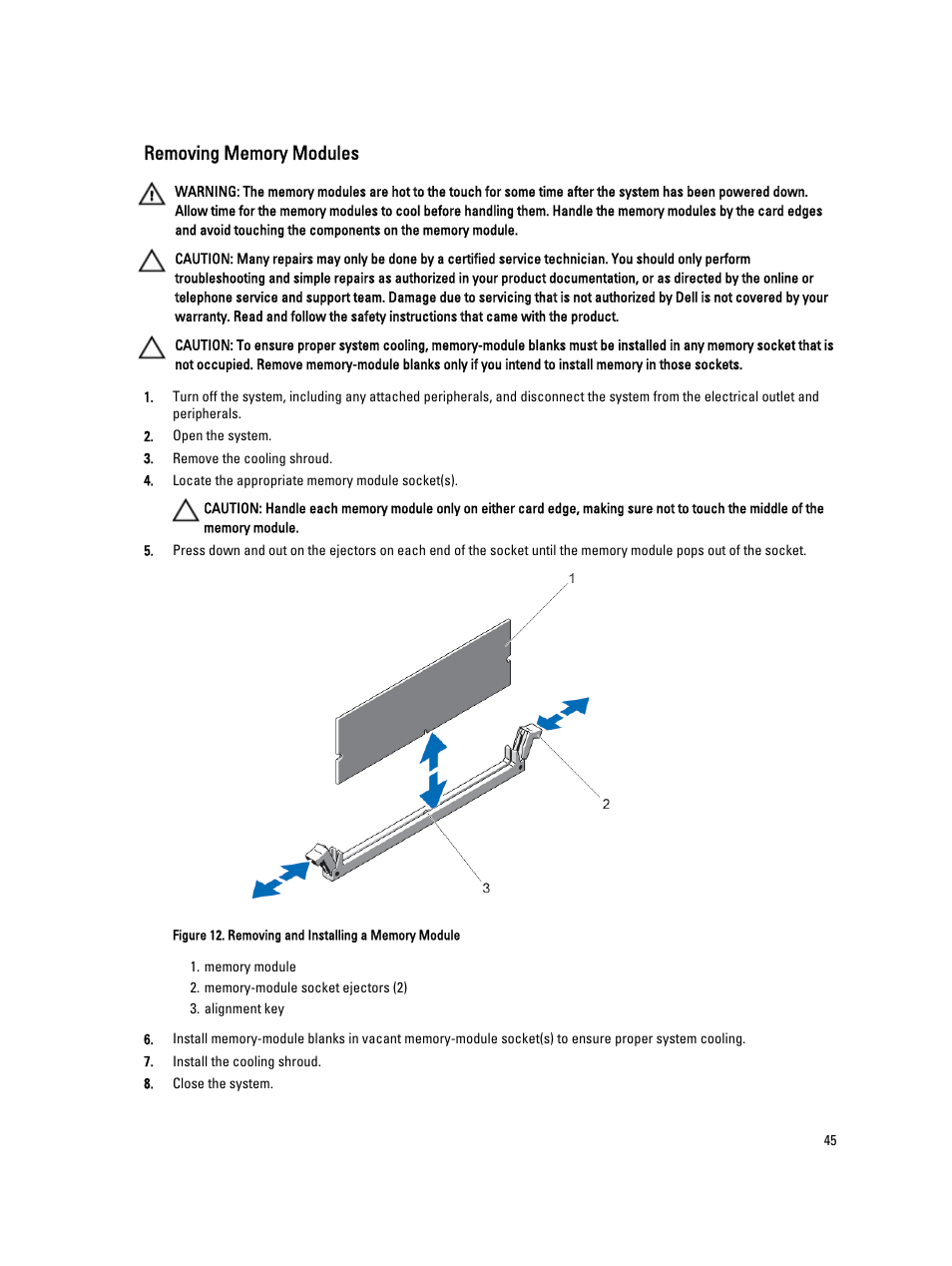 Removing memory modules | Dell PowerVault DX6104 User Manual | Page 45 / 123