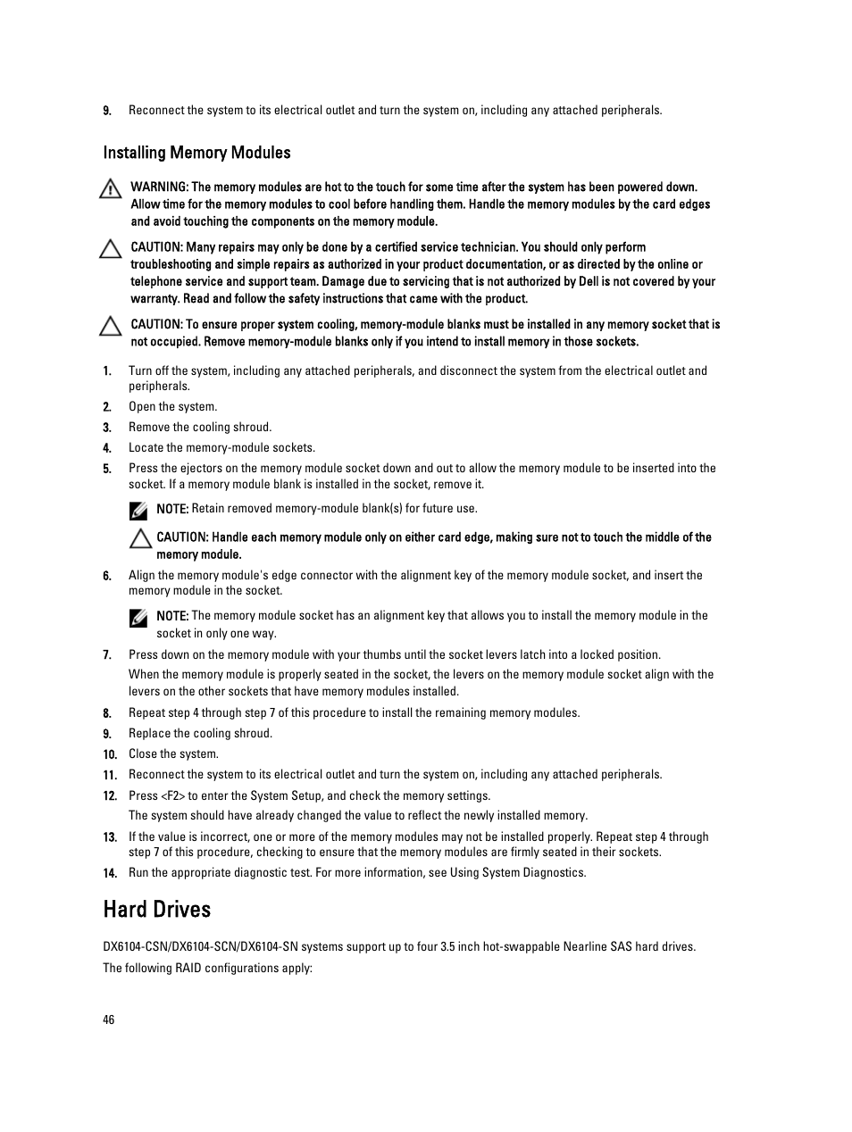 Installing memory modules, Hard drives | Dell PowerVault DX6104 User Manual | Page 46 / 123
