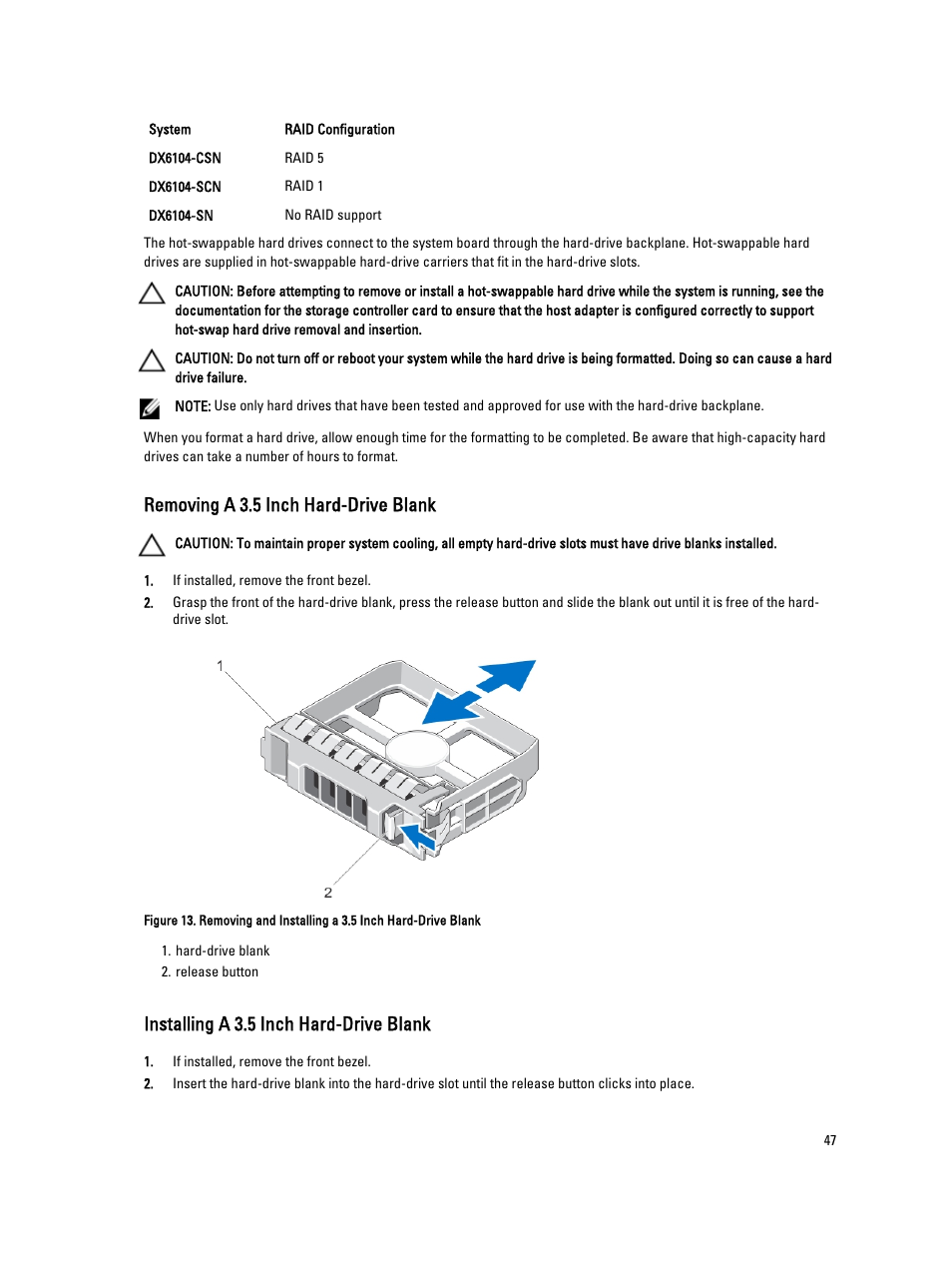 Removing a 3.5 inch hard-drive blank, Installing a 3.5 inch hard-drive blank | Dell PowerVault DX6104 User Manual | Page 47 / 123