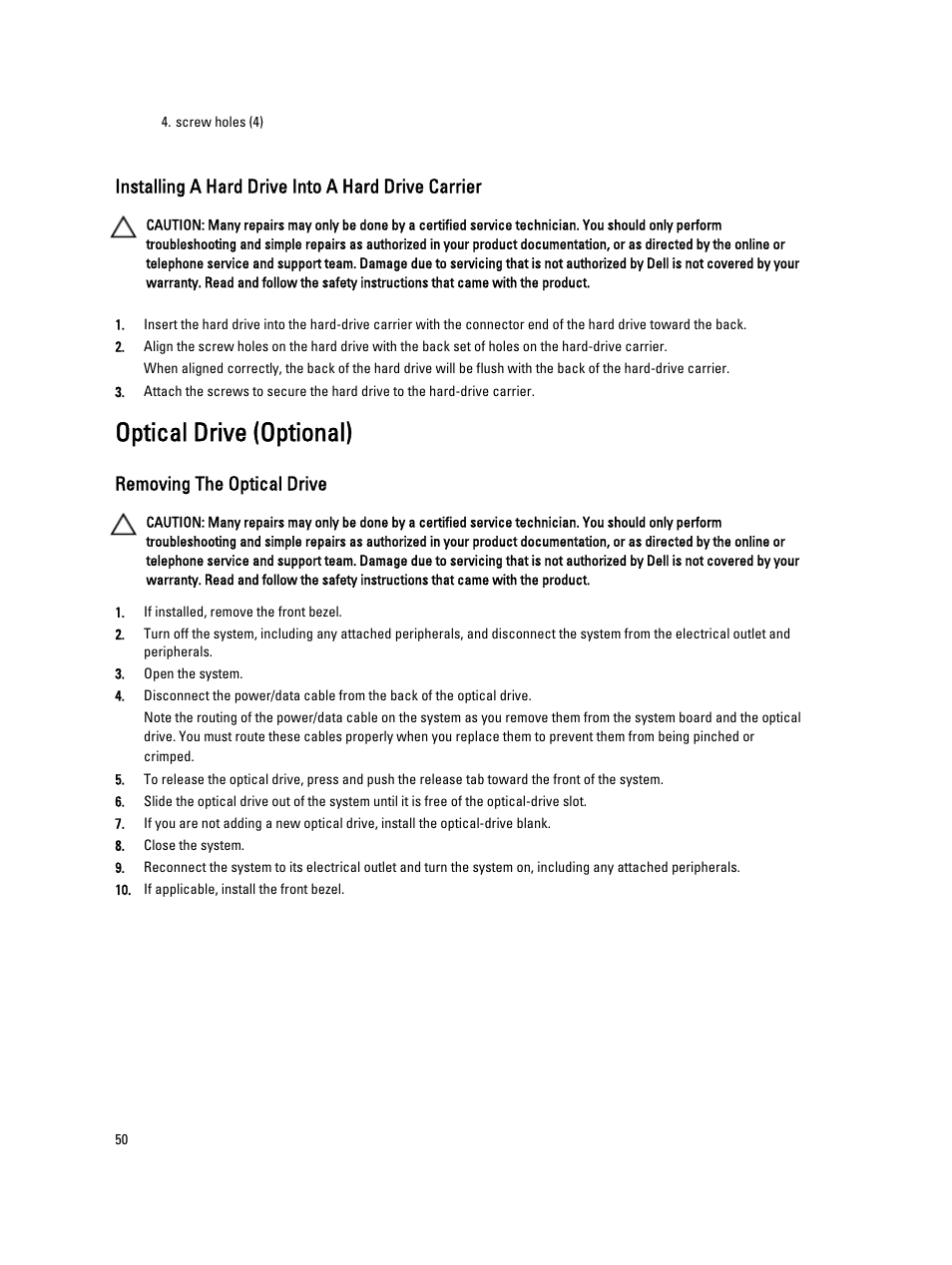 Installing a hard drive into a hard drive carrier, Optical drive (optional), Removing the optical drive | Dell PowerVault DX6104 User Manual | Page 50 / 123