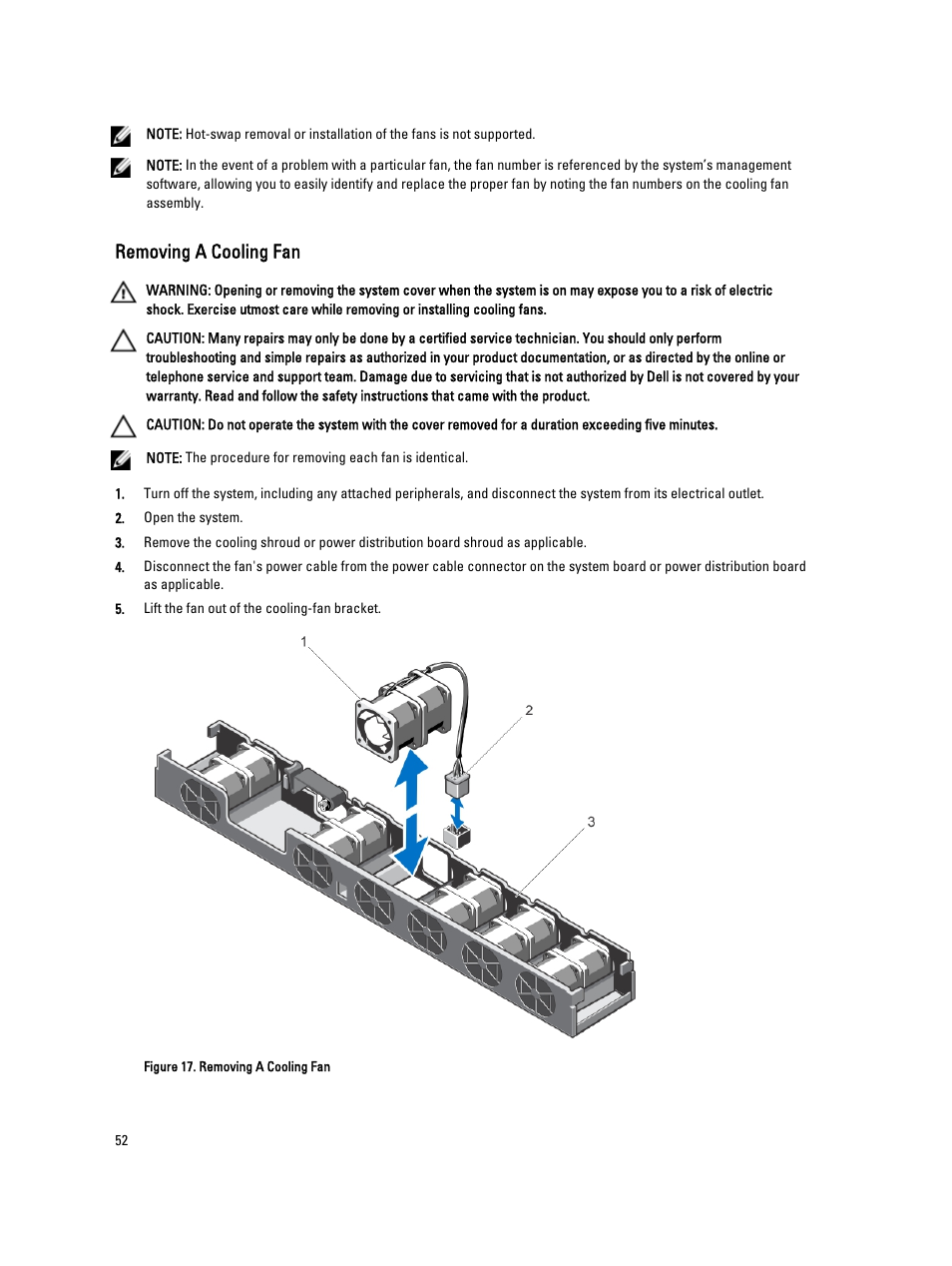 Removing a cooling fan | Dell PowerVault DX6104 User Manual | Page 52 / 123