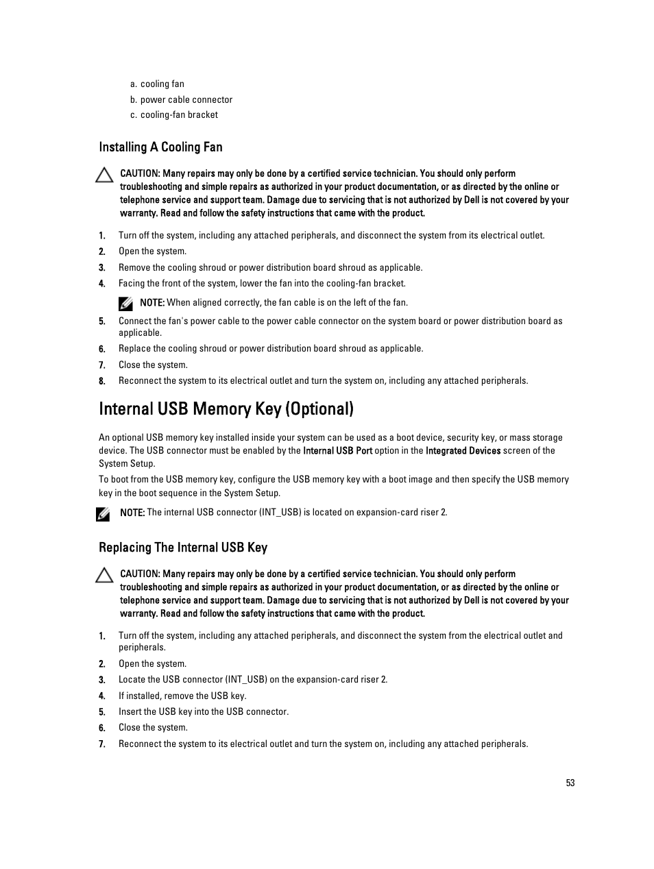 Installing a cooling fan, Internal usb memory key (optional), Replacing the internal usb key | Dell PowerVault DX6104 User Manual | Page 53 / 123