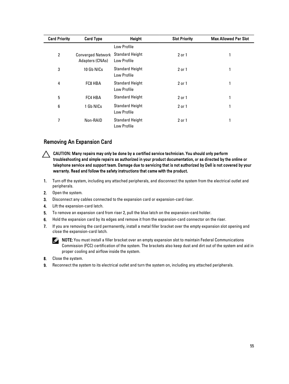 Removing an expansion card | Dell PowerVault DX6104 User Manual | Page 55 / 123