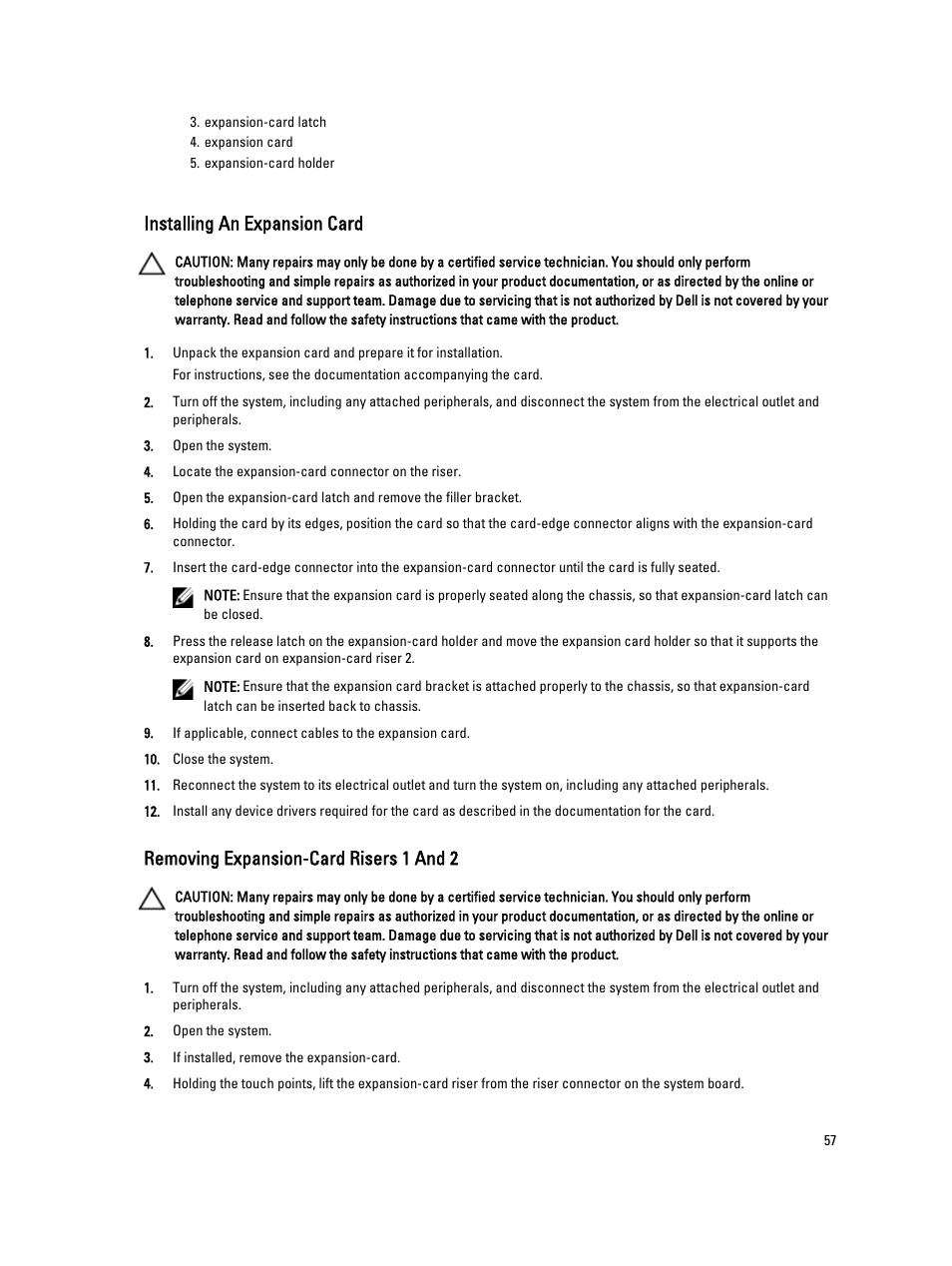 Installing an expansion card, Removing expansion-card risers 1 and 2 | Dell PowerVault DX6104 User Manual | Page 57 / 123