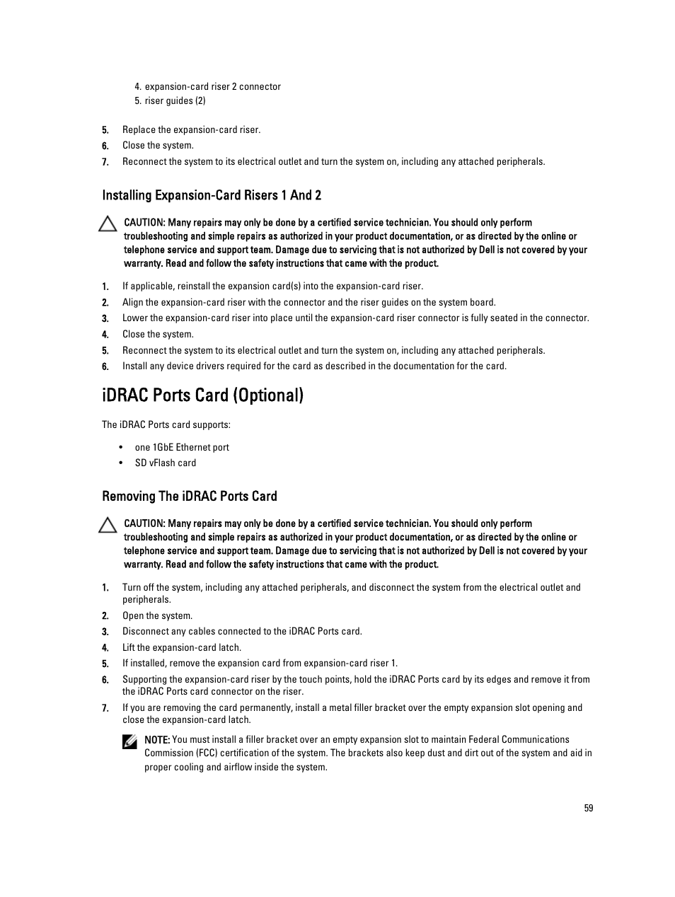 Installing expansion-card risers 1 and 2, Idrac ports card (optional), Removing the idrac ports card | Dell PowerVault DX6104 User Manual | Page 59 / 123