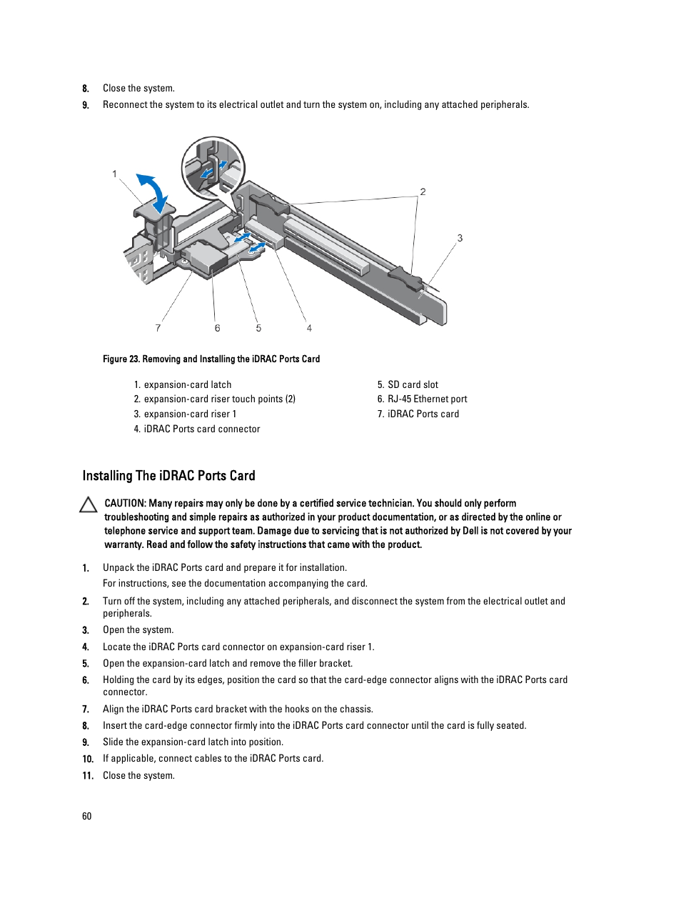 Installing the idrac ports card | Dell PowerVault DX6104 User Manual | Page 60 / 123