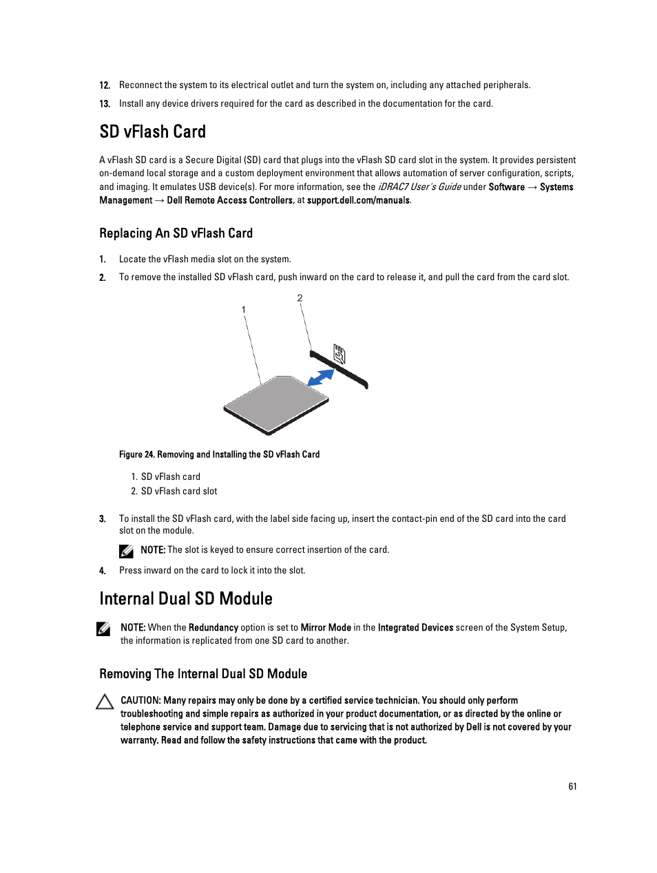 Sd vflash card, Replacing an sd vflash card, Internal dual sd module | Removing the internal dual sd module | Dell PowerVault DX6104 User Manual | Page 61 / 123