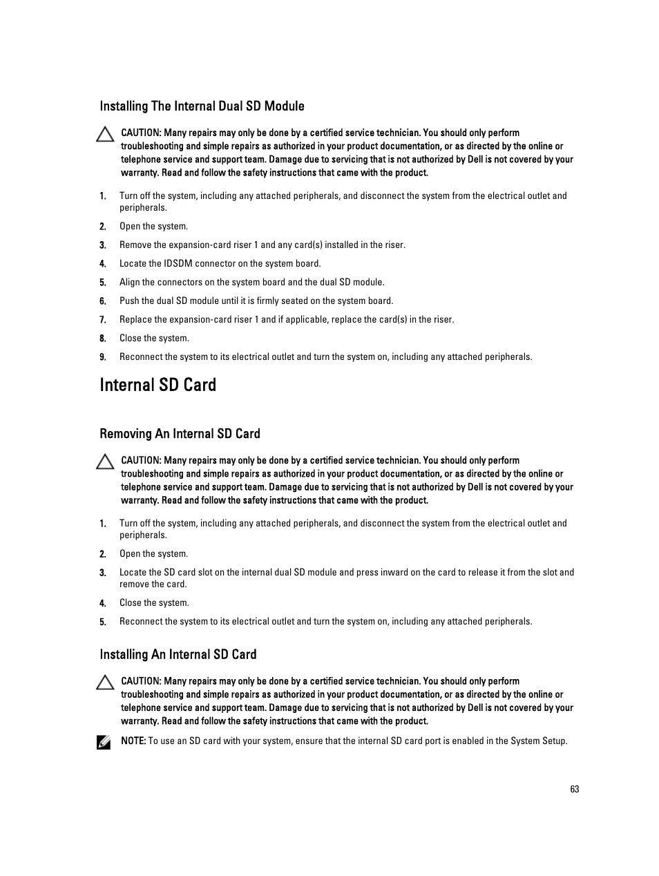 Installing the internal dual sd module, Internal sd card, Removing an internal sd card | Installing an internal sd card | Dell PowerVault DX6104 User Manual | Page 63 / 123