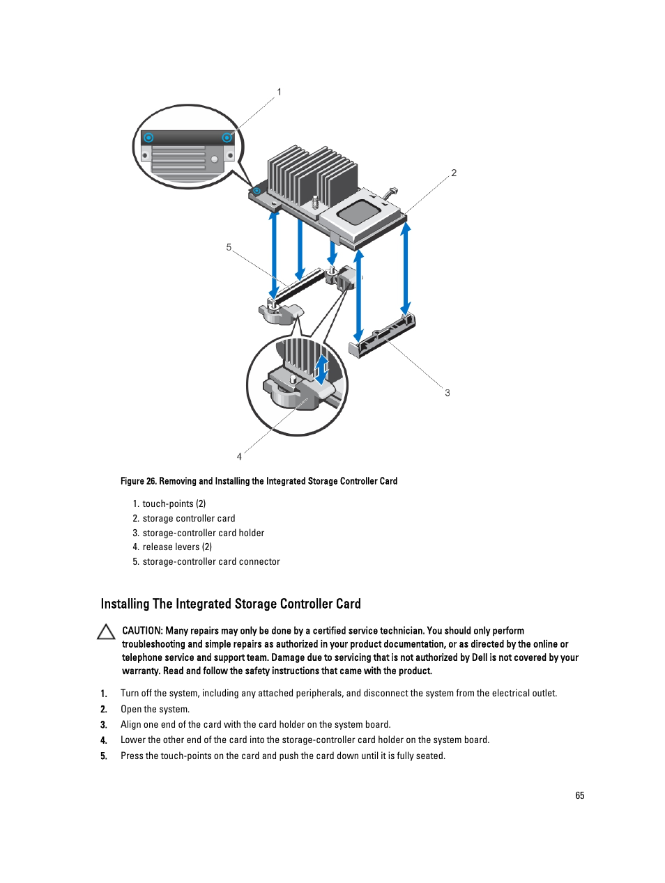 Installing the integrated storage controller card | Dell PowerVault DX6104 User Manual | Page 65 / 123