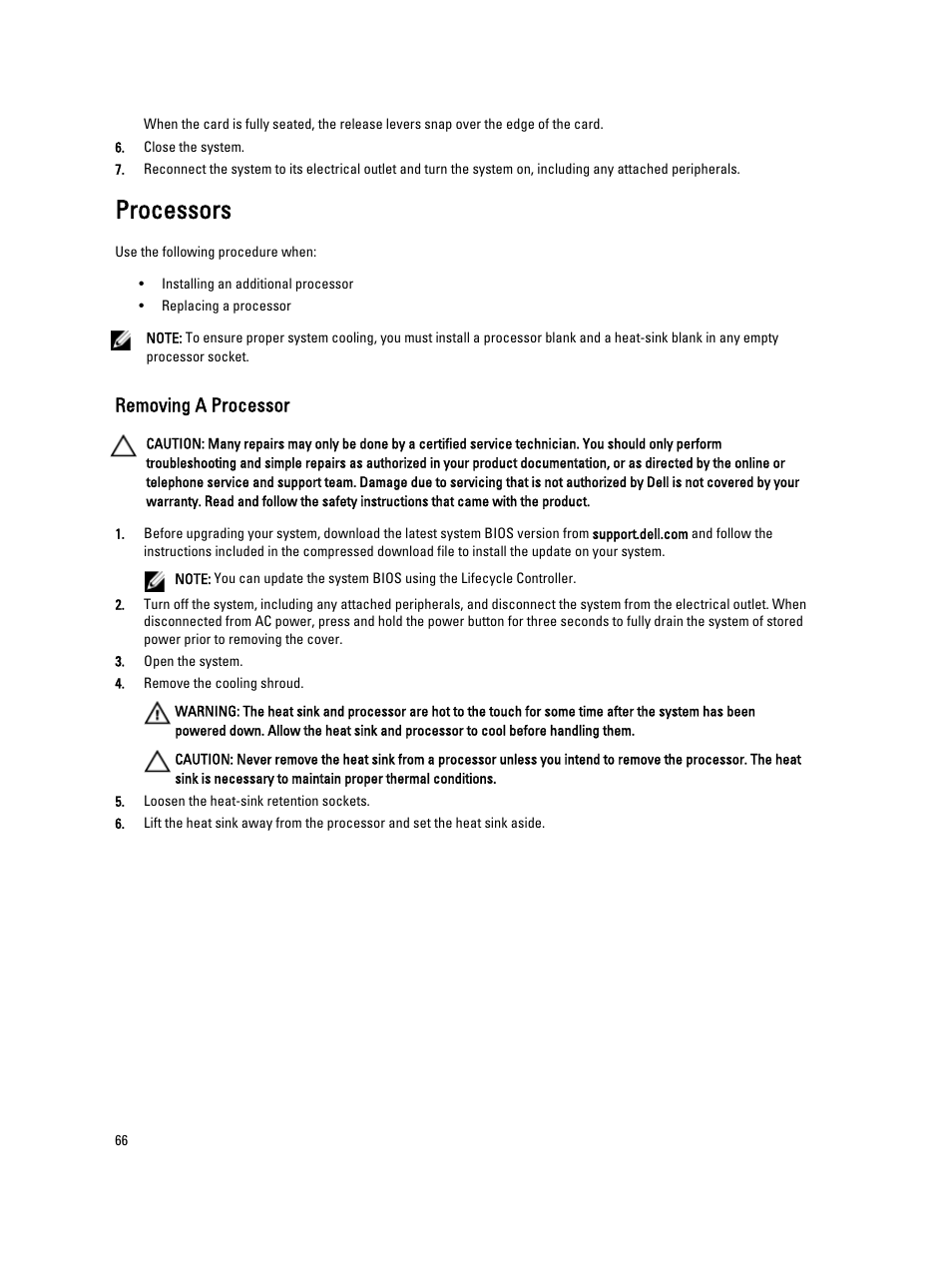 Processors, Removing a processor | Dell PowerVault DX6104 User Manual | Page 66 / 123