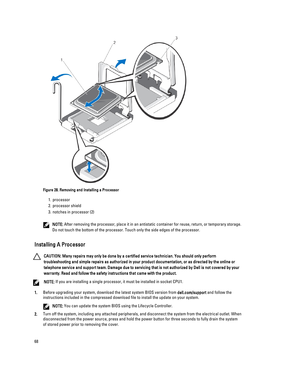 Installing a processor | Dell PowerVault DX6104 User Manual | Page 68 / 123