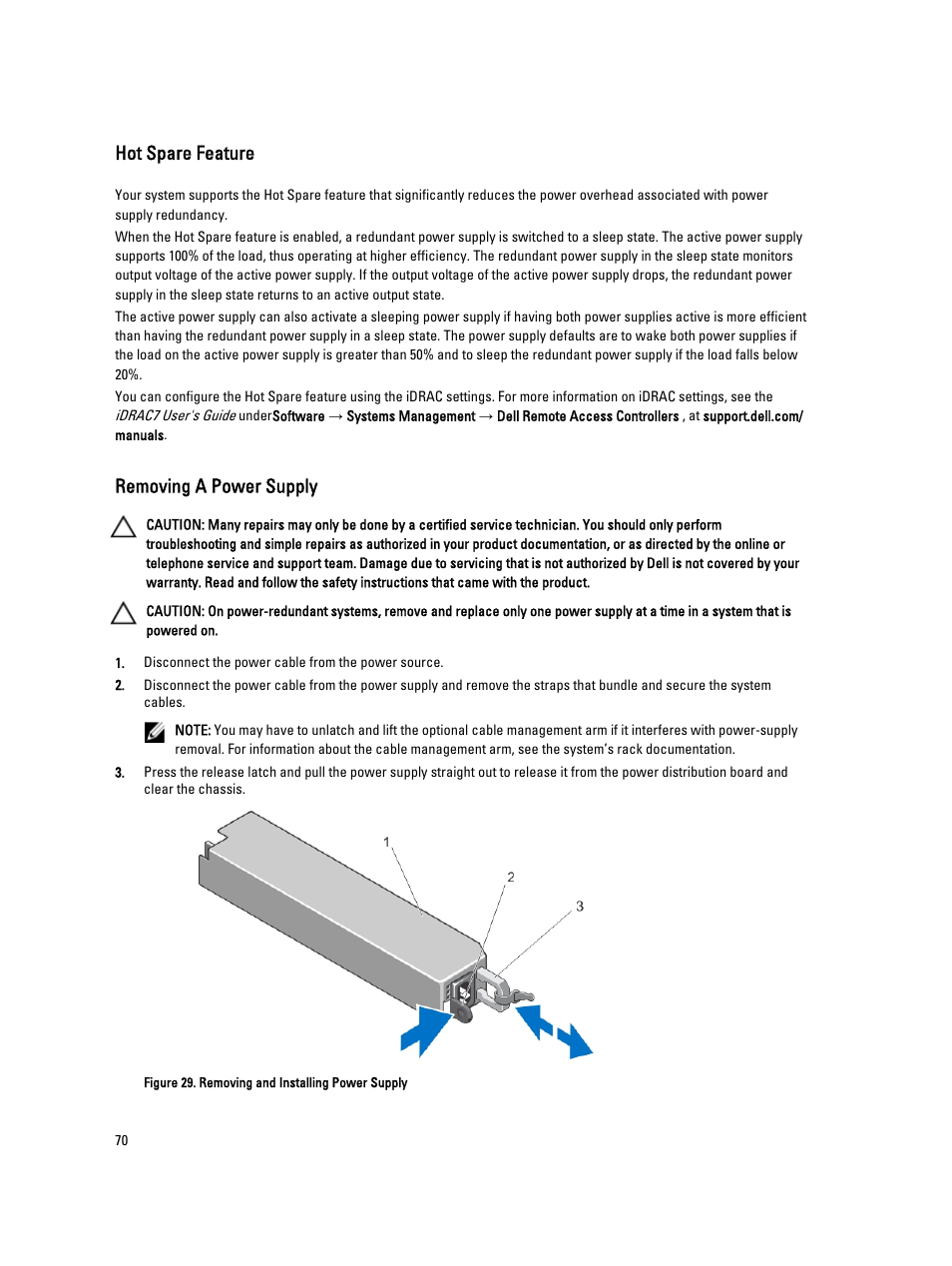 Hot spare feature, Removing a power supply | Dell PowerVault DX6104 User Manual | Page 70 / 123