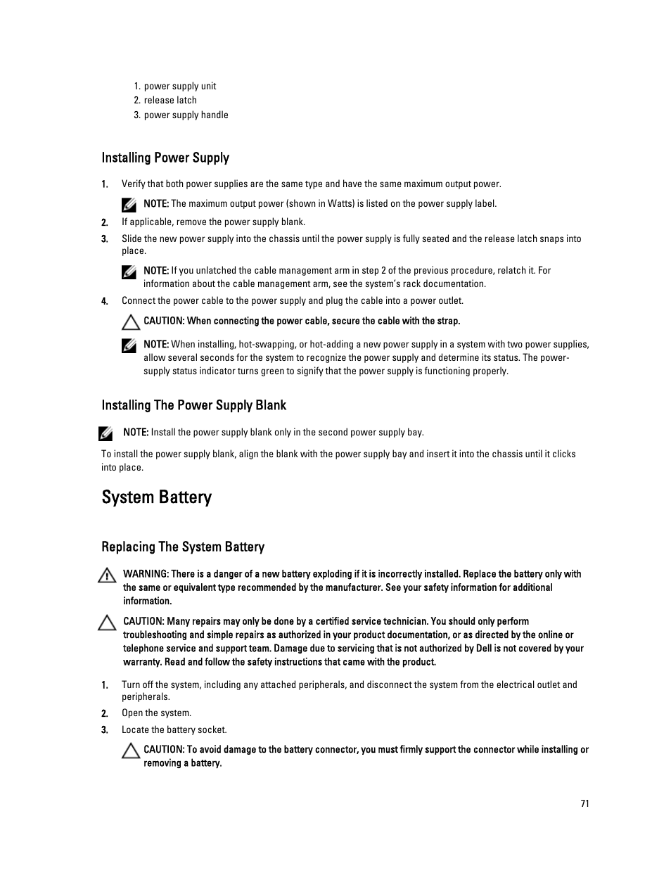 Installing power supply, Installing the power supply blank, System battery | Replacing the system battery | Dell PowerVault DX6104 User Manual | Page 71 / 123