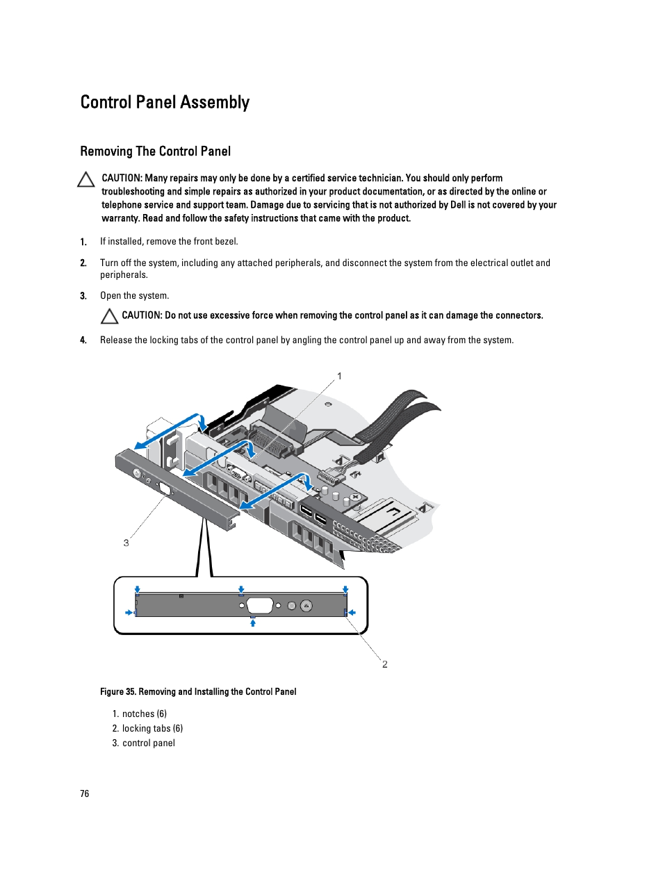 Control panel assembly, Removing the control panel | Dell PowerVault DX6104 User Manual | Page 76 / 123