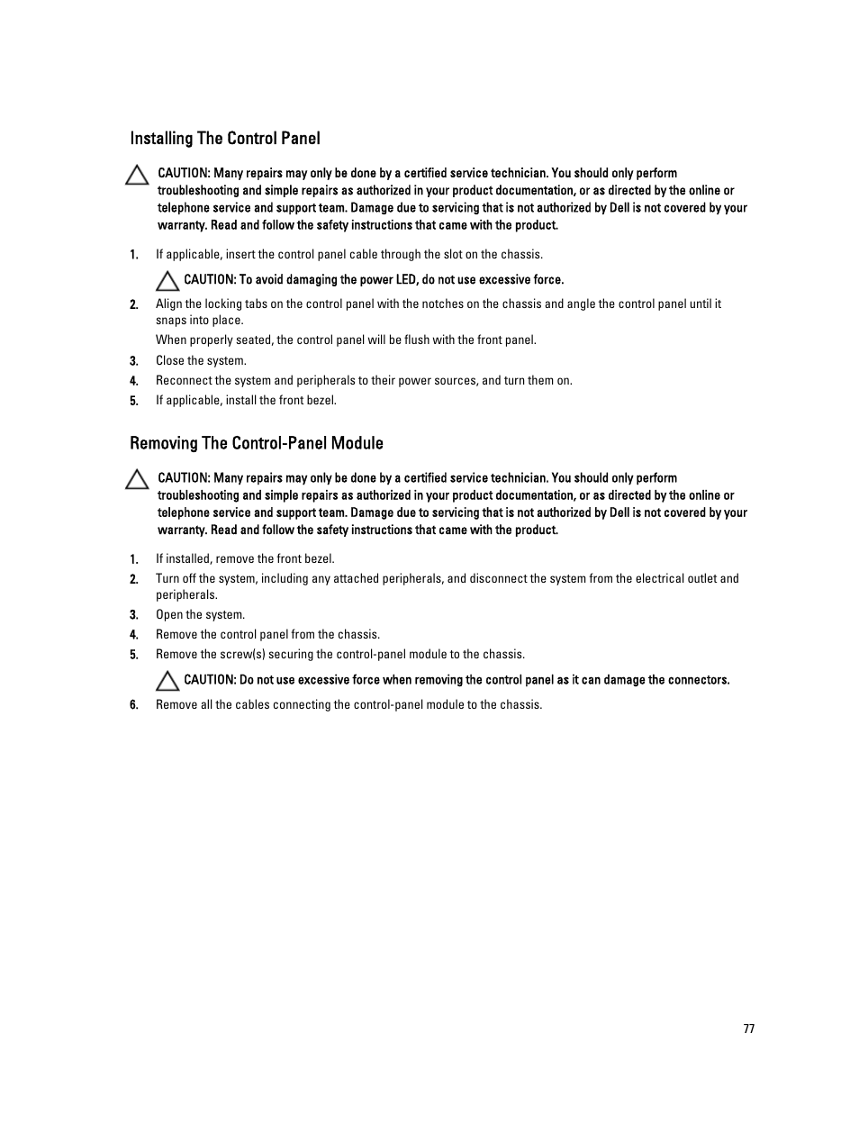 Installing the control panel, Removing the control-panel module | Dell PowerVault DX6104 User Manual | Page 77 / 123