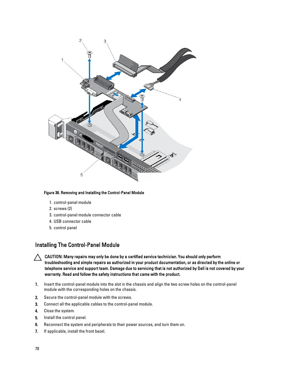 Installing the control-panel module | Dell PowerVault DX6104 User Manual | Page 78 / 123