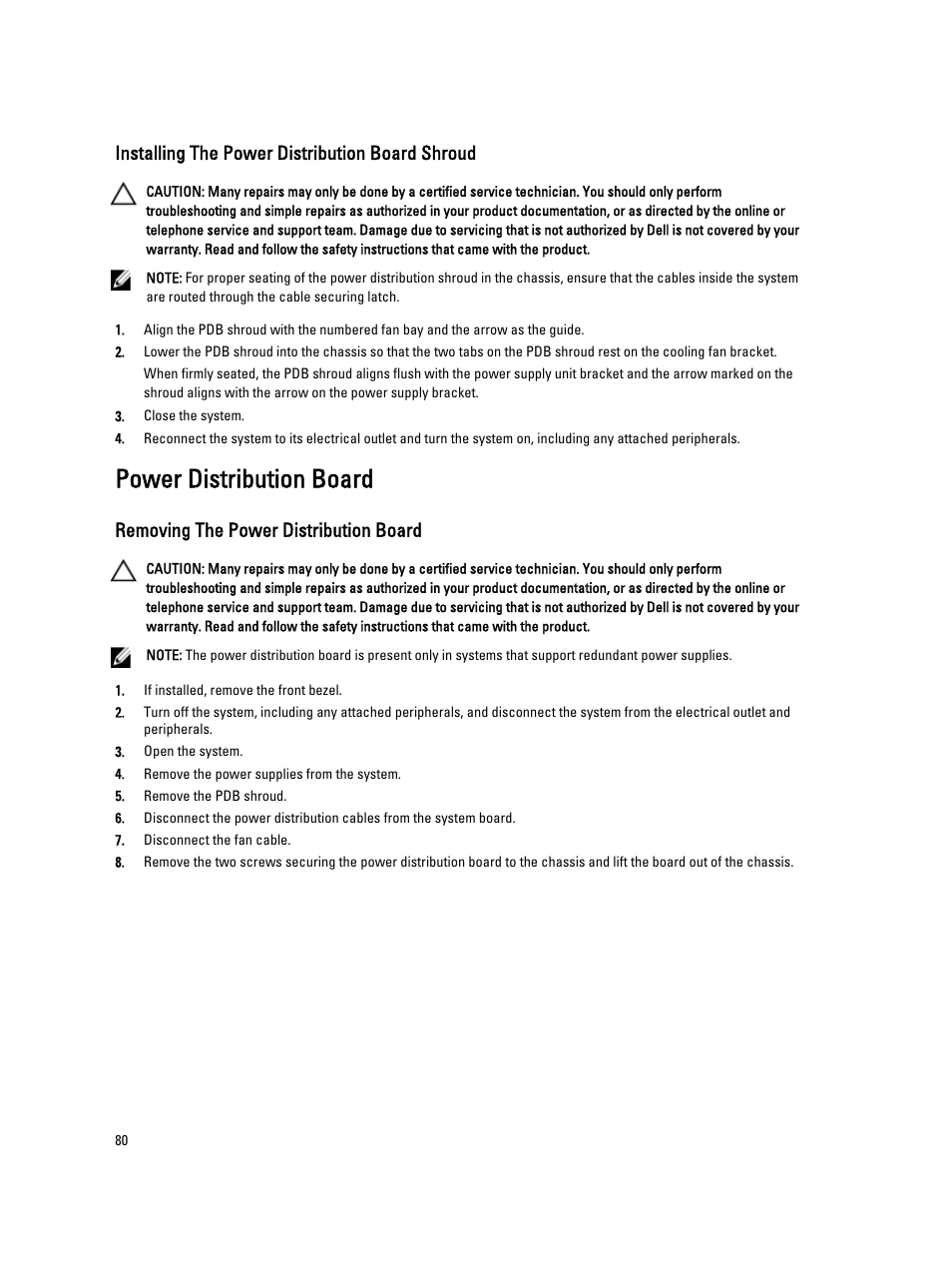 Installing the power distribution board shroud, Power distribution board, Removing the power distribution board | Dell PowerVault DX6104 User Manual | Page 80 / 123