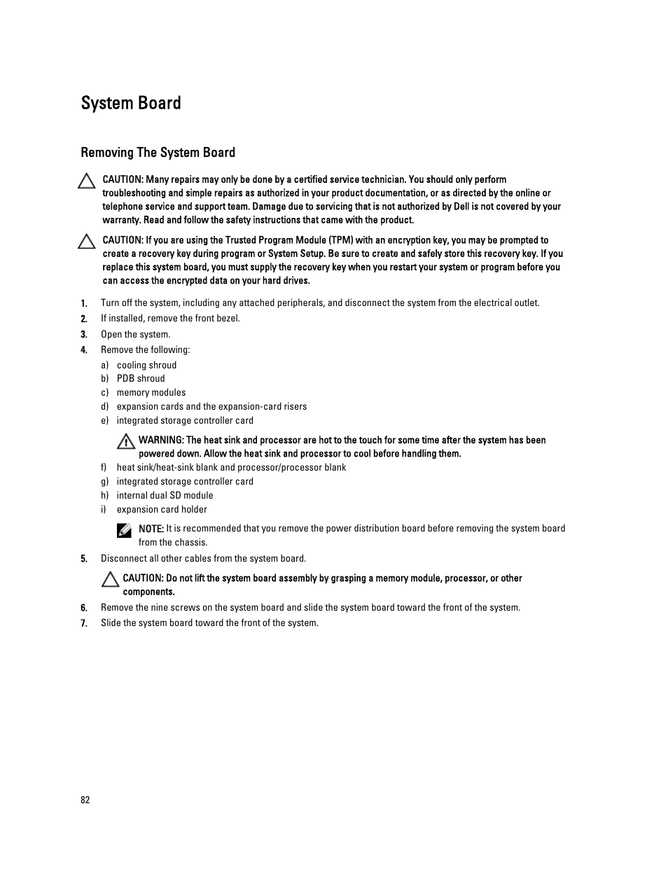 System board, Removing the system board | Dell PowerVault DX6104 User Manual | Page 82 / 123