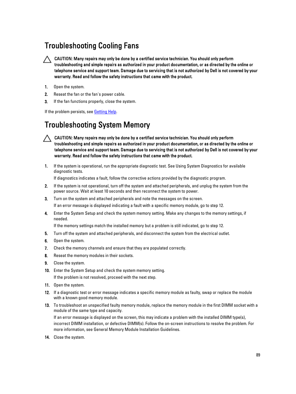 Troubleshooting cooling fans, Troubleshooting system memory | Dell PowerVault DX6104 User Manual | Page 89 / 123