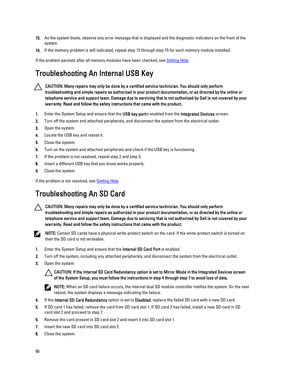 Troubleshooting an internal usb key, Troubleshooting an sd card | Dell PowerVault DX6104 User Manual | Page 90 / 123