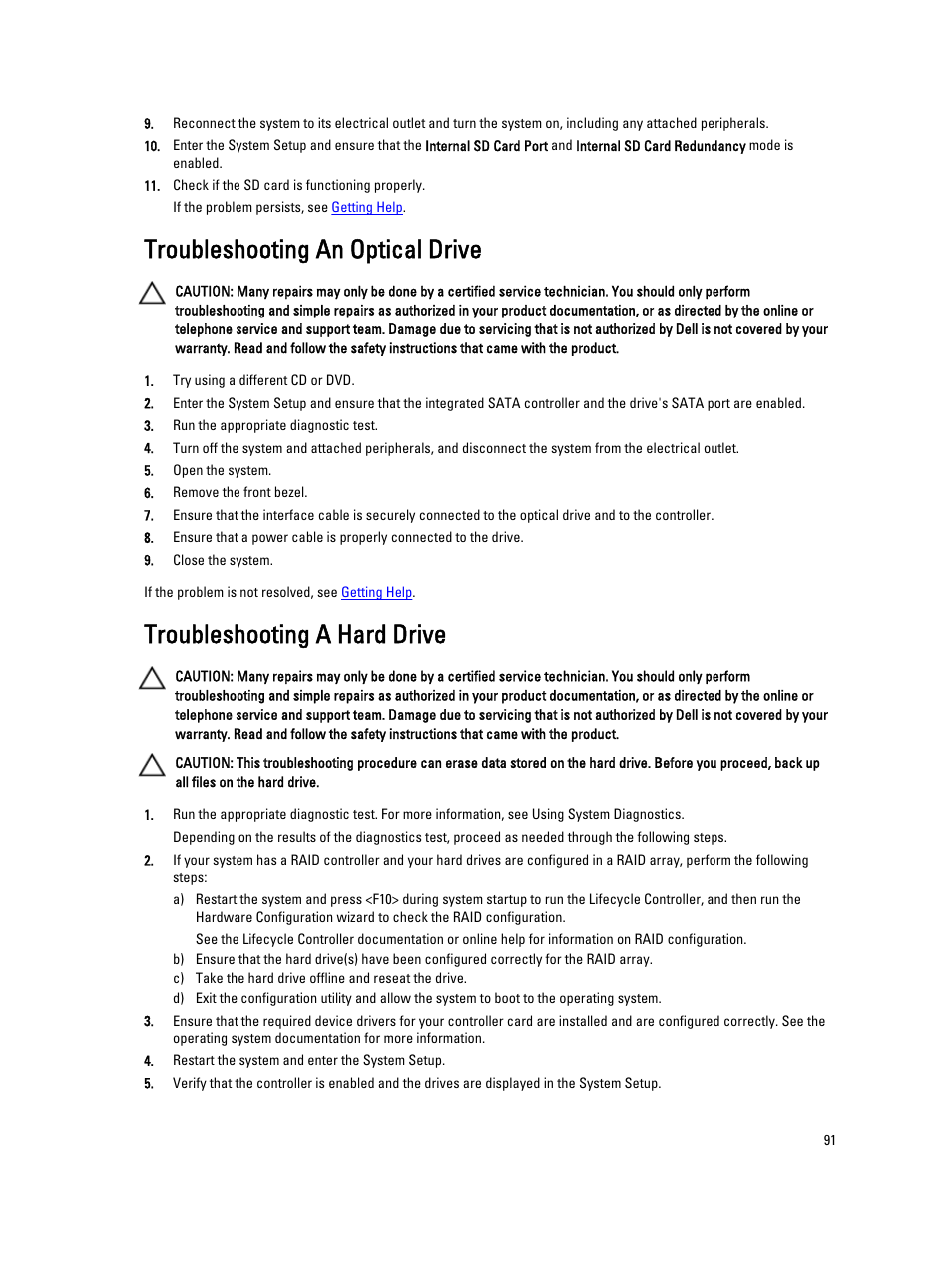 Troubleshooting an optical drive, Troubleshooting a hard drive | Dell PowerVault DX6104 User Manual | Page 91 / 123