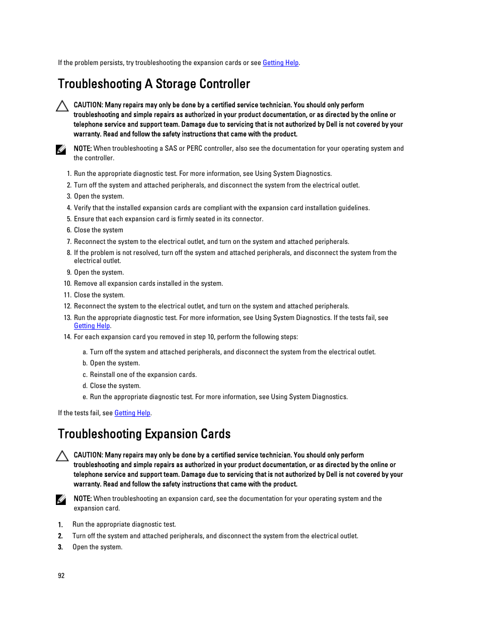 Troubleshooting a storage controller, Troubleshooting expansion cards | Dell PowerVault DX6104 User Manual | Page 92 / 123