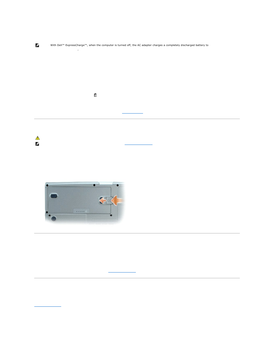 Charging the battery, Removing a battery, Installing a battery | Storing a battery | Dell Latitude D810 User Manual | Page 15 / 117