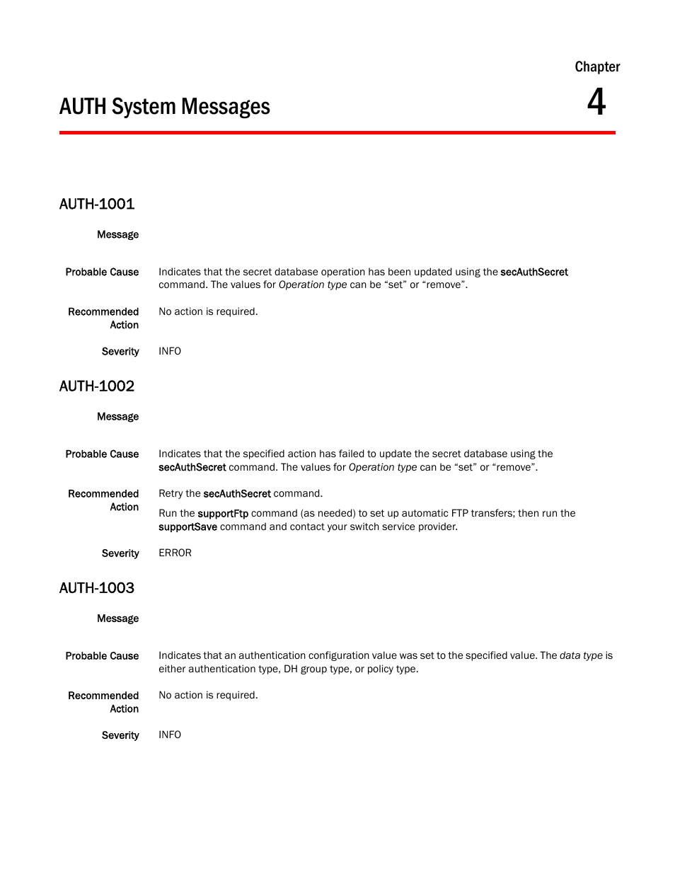 Auth system messages, Chapter 4, Auth-1001 | Auth-1002, Auth-1003, Chapter | Dell POWEREDGE M1000E User Manual | Page 115 / 842