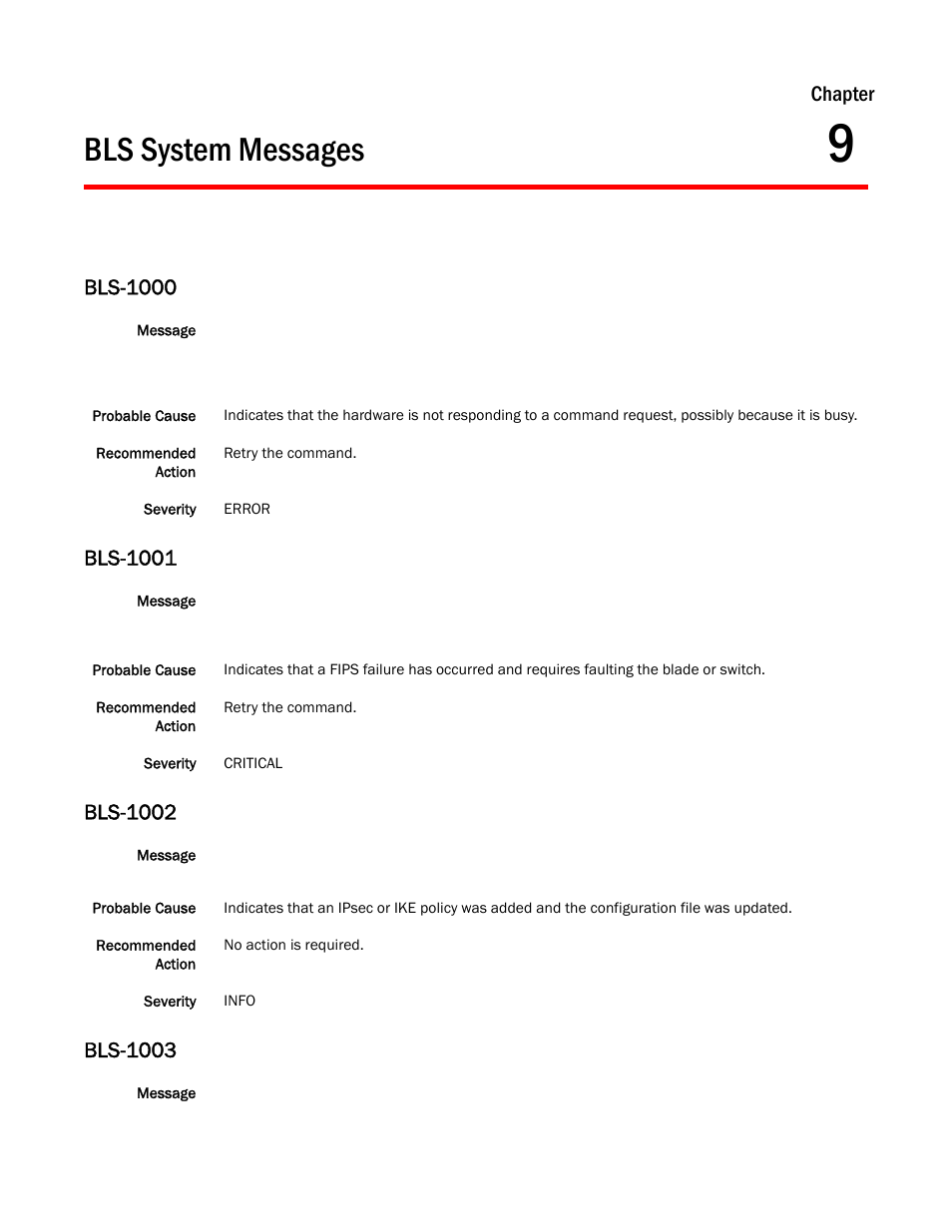 Bls system messages, Chapter 9, Bls-1000 | Bls-1001, Bls-1002, Bls-1003, Chapter | Dell POWEREDGE M1000E User Manual | Page 151 / 842
